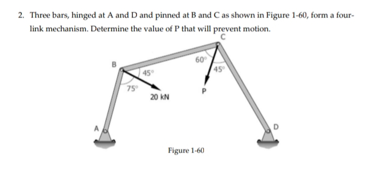 2. Three bars, hinged at A and D and pinned at B and C as shown in Figure 1-60, form a four-
link mechanism. Determine the value of P that will prevent motion.
60°
45°
75°
20 KN
Figure 1-60
