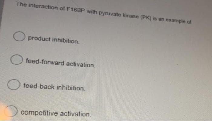 The interaction of F16BP with pyruvate kinase (PK) is an example of
O product inhibition.
feed-forward activation.
feed-back inhibition.
competitive activation.
