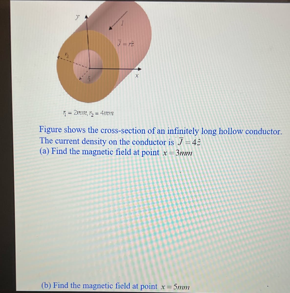 i = 2m2, , = 4mm
Figure shows the cross-section of an infinitely long hollow conductor.
The current density on the conductor is J = 42
(a) Find the magnetic field at point x=3mm
(b) Find the magnetic field at point x=
5mm
