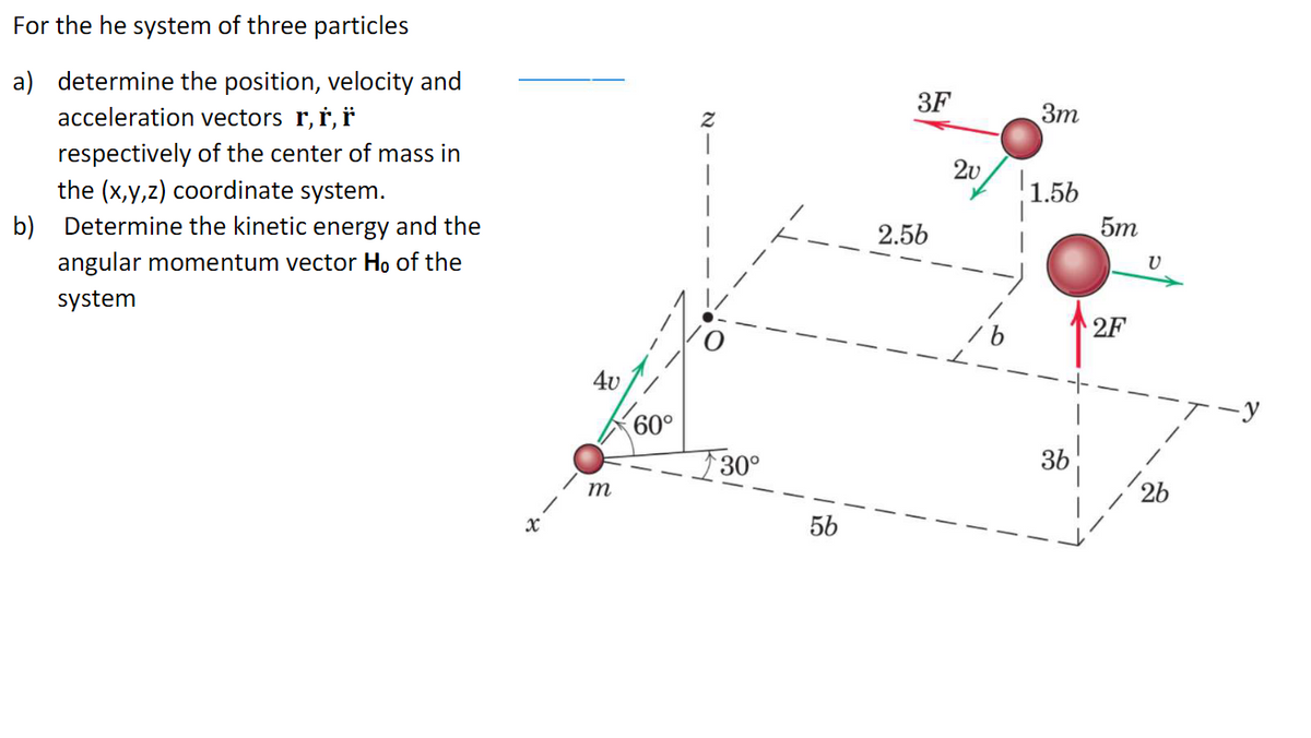For the he system of three particles
a) determine the position, velocity and
acceleration vectors r, r, r
respectively of the center of mass in
the (x,y,z) coordinate system.
b) Determine the kinetic energy and the
angular momentum vector Ho of the
system
x
3F
3m
Z
2v
1.56
5m
2.56
V
2F
4v
60°
3b
30°
2b
m
5b