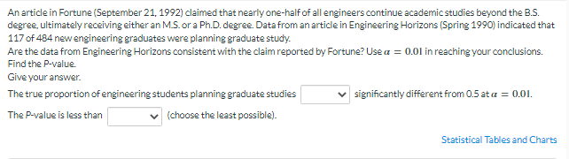 An article in Fortune (September 21, 1992) claimed that nearly one-half of all engineers continue academic studies beyond the B.S.
degree, ultimately receiving either an M.S. or a Ph.D. degree. Data from an article in Engineering Horizons (Spring 1990) indicated that
117 of 484 newengineering graduates were planning graduate study.
Are the data from Engineering Horizons consistent with the claim reported by Fortune? Use a = 0.01 in reaching your conclusions.
Find the P-value.
Give your answer.
The true proportion of engineering students planning graduate studies
significantly different from 0.5 at a = 0.01.
The P-value is less than
v (choose the least possible).
Statistical Tables and Charts
