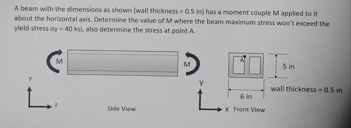 A beam with the dimensions as shown (wall thickness = 0.5 in) has a moment couple M applied to it
about the horizontal axis. Determine the value of M where the beam maximum stress won't exceed the
yield stress oy = 40 ksi, also determine the stress at point A.
Y
L
M
Side View
M
6 in
X Front View
5 in
wall thickness = 0.5 in