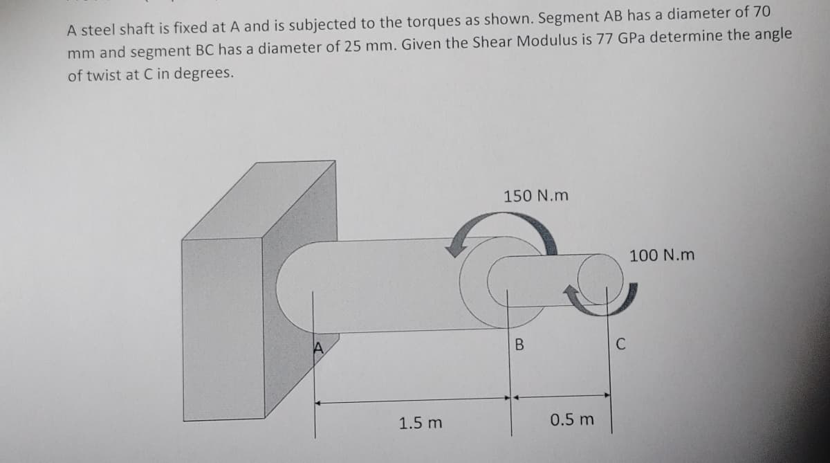 A steel shaft is fixed at A and is subjected to the torques as shown. Segment AB has a diameter of 70
mm and segment BC has a diameter of 25 mm. Given the Shear Modulus is 77 GPa determine the angle
of twist at C in degrees.
150 N.m
B
C
1.5 m
0.5 m
100 N.m