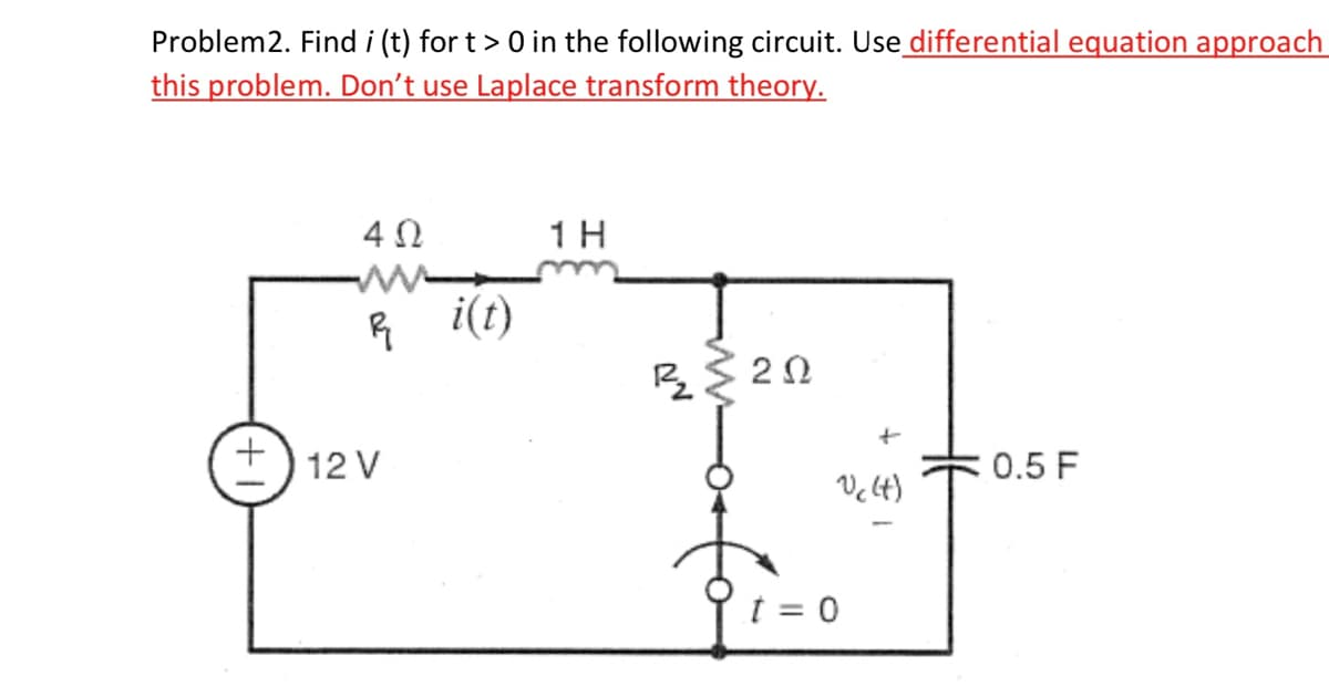 Problem2. Find i (t) for t > 0 in the following circuit. Use differential equation approach
this problem. Don't use Laplace transform theory.
402
Ri(t)
+12 V
1H
2₂ 202
#
0.5 F
Uc (t)
t = 0
