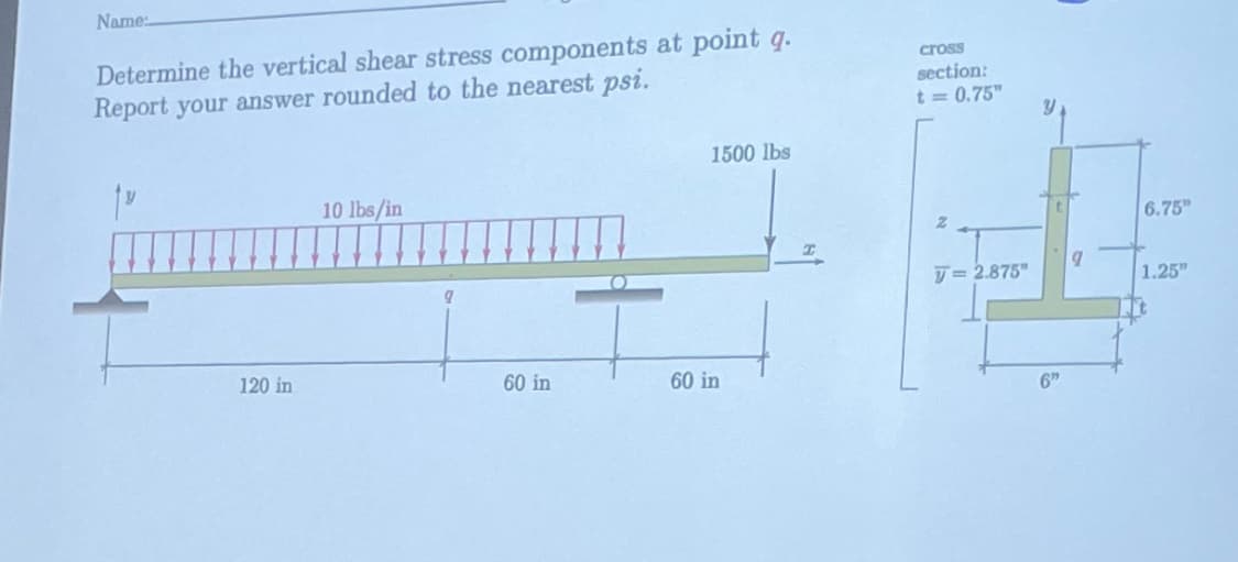 Name:
Determine the vertical shear stress components at point q.
Report your answer rounded to the nearest psi.
120 in
10 lbs/in
60 in
1500 lbs
60 in
I
cross
section:
t = 0.75"
z
7=2.875"
6"
9
6.75"
1.25"