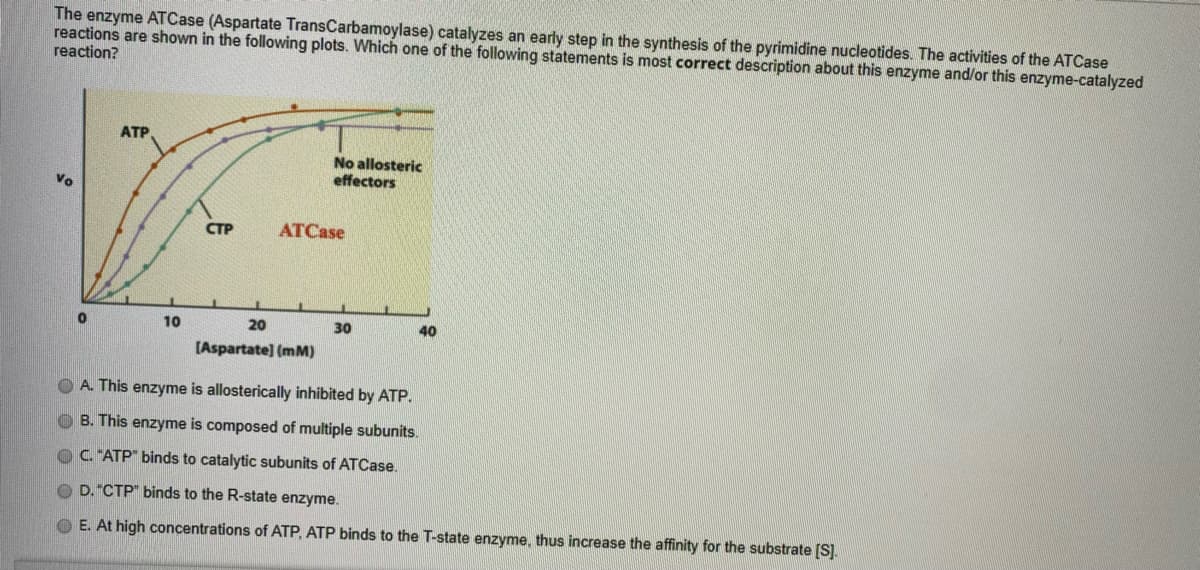 The enzyme ATCase (Aspartate TransCarbamoylase) catalyzes an early step in the synthesis of the pyrimidine nucleotides. The activities of the ATCase
reactions are shown in the following plots. Which one of the following statements is most correct description about this enzyme and/or this enzyme-catalyzed
reaction?
ATP
No allosteric
effectors
Vo
CTP
ATCase
10
20
30
40
(Aspartate] (mM)
O A. This enzyme is allosterically inhibited by ATP.
B. This enzyme is composed of multiple subunits.
C. "ATP" binds to catalytic subunits of ATCase.
O D."CTP" binds to the R-state enzyme.
O E. At high concentrations of ATP, ATP binds to the T-state enzyme, thus increase the affinity for the substrate [S].
