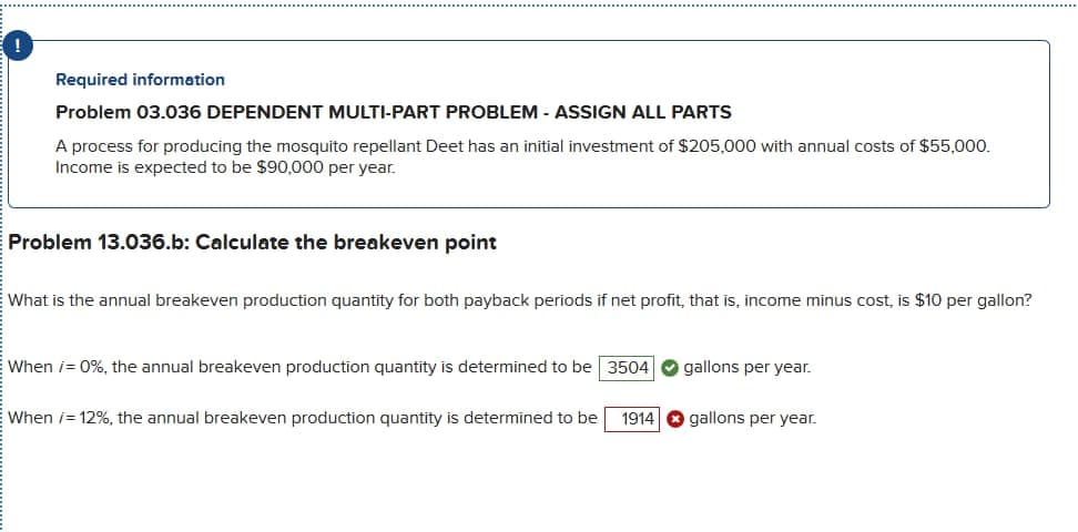 Required information
Problem 03.036 DEPENDENT MULTI-PART PROBLEM - ASSIGN ALL PARTS
A process for producing the mosquito repellant Deet has an initial investment of $205,000 with annual costs of $55,000.
Income is expected to be $90,000 per year.
Problem 13.036.b: Calculate the breakeven point
What is the annual breakeven production quantity for both payback periods if net profit, that is, income minus cost, is $10 per gallon?
When i=0%, the annual breakeven production quantity is determined to be 3504 gallons per year.
When 12%, the annual breakeven production quantity is determined to be 1914 gallons per year.