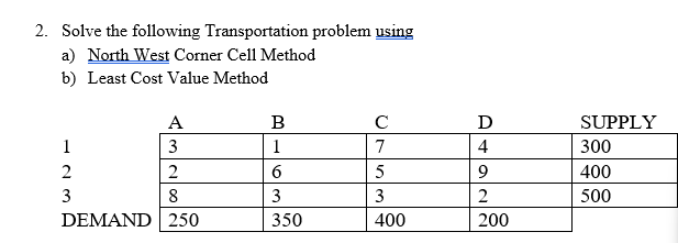 2. Solve the following Transportation problem using
a) North West Corner Cell Method
b) Least Cost Value Method
A
B
C
D
SUPPLY
1
3
1
7
4
300
2
2
6
5
9
400
3
8
3
3
2
500
DEMAND
250
350
400
200