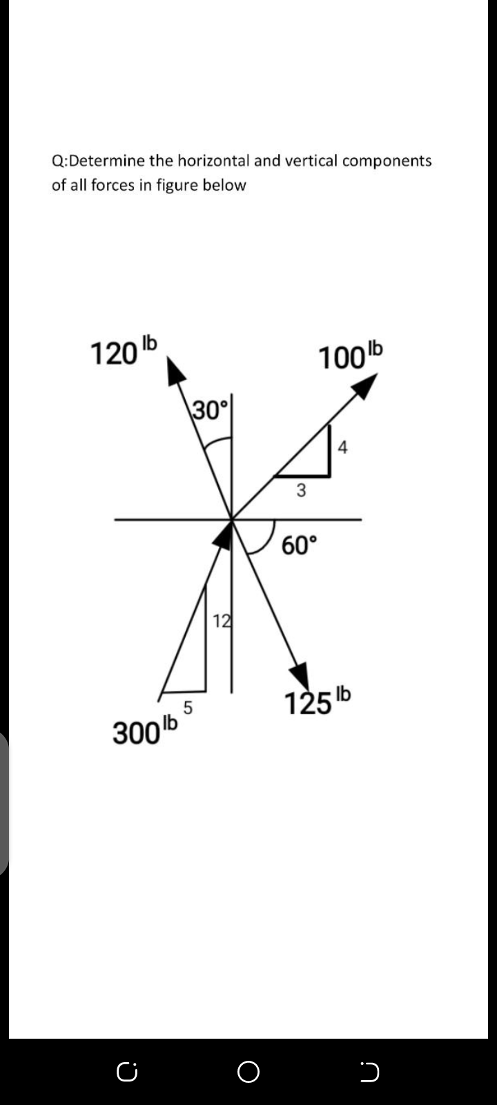 Q:Determine the horizontal and vertical components
of all forces in figure below
120 b
100b
\30°
4
3
60°
12
125 b
300b
