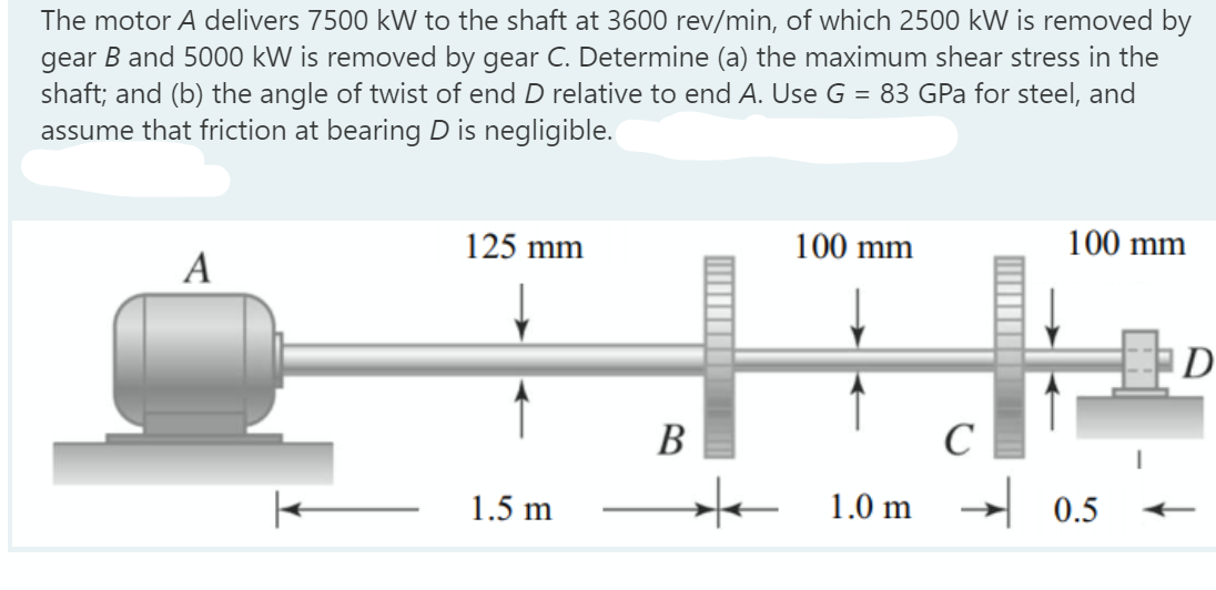 The motor A delivers 7500 kW to the shaft at 3600 rev/min, of which 2500 kW is removed by
gear B and 5000 kW is removed by gear C. Determine (a) the maximum shear stress in the
shaft; and (b) the angle of twist of end D relative to end A. Use G = 83 GPa for steel, and
assume that friction at bearing D is negligible.
125 mm
100 mm
100 mm
A
D
В
C
→+ 1.0
* 1.0 m → 0.5
1.5 m
