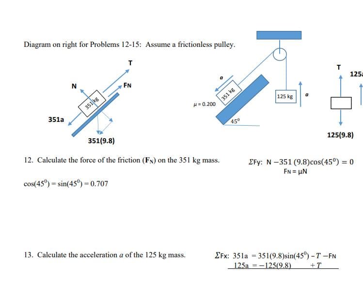 Diagram on right for Problems 12-15: Assume a frictionless pulley.
FN
125
351 kg
351 kg
125 kg
H= 0.200
a
351a
450
351(9.8)
12. Calculate the force of the friction (Fx) on the 351 kg mass.
125(9.8)
EFy: N-351 (9.8)cos(45°) = 0
cos(45") = sin(45°) = 0.707
FN = µN
13. Calculate the acceleration a of the 125 kg mass.
EFx: 351a = 351(9.8)sin(45°) - T -FN
125a = -125(9.8)
+T
