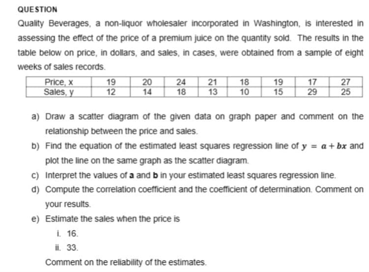 QUESTION
Quality Beverages, a non-liquor wholesaler incorporated in Washington, is interested in
assessing the effect of the price of a premium juice on the quantity sold. The results in the
table below on price, in dollars, and sales, in cases, were obtained from a sample of eight
weeks of sales records.
Price, x
Sales, y
19
20
24
21
18
19
17
27
12
14
18
13
10
15
29
25
a) Draw a scatter diagram of the given data on graph paper and comment on the
relationship between the price and sales.
b) Find the equation of the estimated least squares regression line of y = a + bx and
plot the line on the same graph as the scatter diagram.
c) Interpret the values of a and b in your estimated least squares regression line.
d) Compute the correlation coefficient and the coefficient of determination. Comment on
your results.
e) Estimate the sales when the price is
i. 16.
ii. 33.
Comment on the reliability of the estimates.