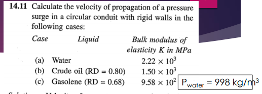 14.11 Calculate the velocity of propagation of a pressure
surge in a circular conduit with rigid walls in the
following cases:
Case
Liquid
(a) Water
(b) Crude oil (RD = 0.80)
Gasolene (RD=0.68)
(c)
Bulk modulus of
elasticity K in MPa
2.22 x 10³
1.50 × 10³.
9.58 x 10² Pwater = 998 kg/m³