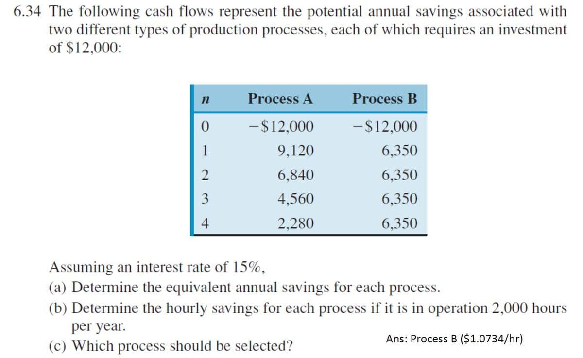 6.34 The following cash flows represent the potential annual savings associated with
two different types of production processes, each of which requires an investment
of $12,000:
n
0
1
2
3
4
Process A
- $12,000
9,120
6,840
4,560
2,280
Process B
- $12,000
6,350
6,350
6,350
6,350
Assuming an interest rate of 15%,
(a) Determine the equivalent annual savings for each process.
(b) Determine the hourly savings for each process if it is in operation 2,000 hours
per year.
Ans: Process B ($1.0734/hr)
(c) Which process should be selected?