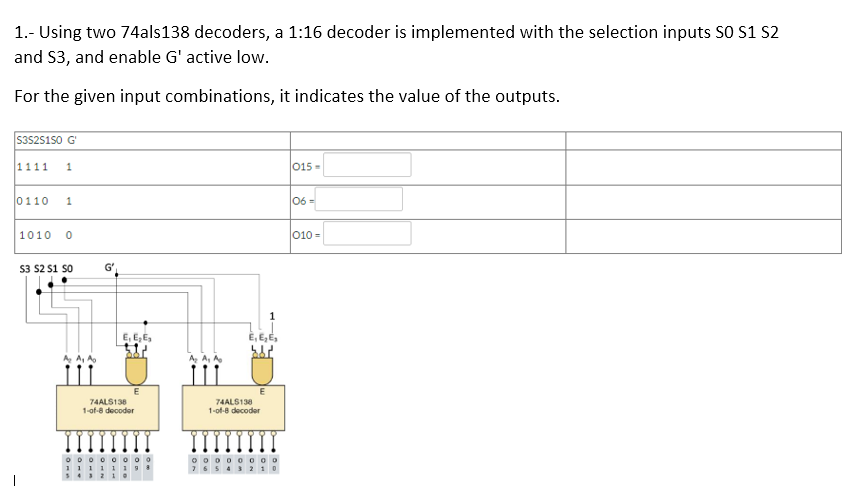 1.- Using two 74als138 decoders, a 1:16 decoder is implemented with the selection inputs S0 S1 S2
and S3, and enable G' active low.
For the given input combinations, it indicates the value of the outputs.
$3525150 G
1111 1
0110 1
1010 0
53 52 51 50
G'
E₁ E₂ E₂
74ALS138
1-of-8 decoder
00000000
1111119
543210
E₁ E₂ E₂
74ALS138
1-of-8 decoder
00000000
7 6 5 4 3 2 10
015-
06=
010-