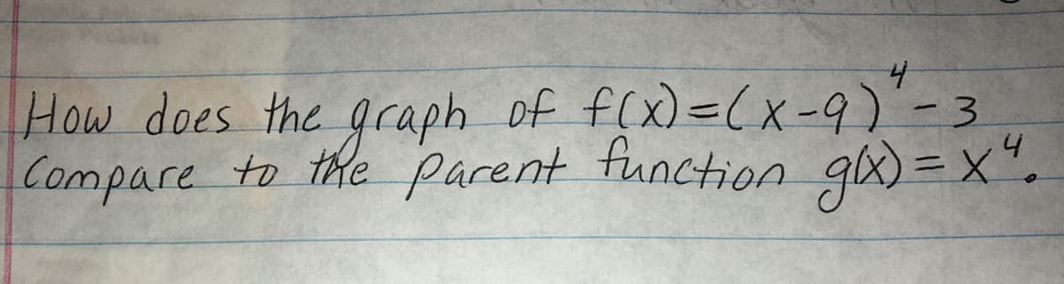 How does the graph of f(x)=(x-9)'-3
Compare to the parent function gx) = x".
%3D
