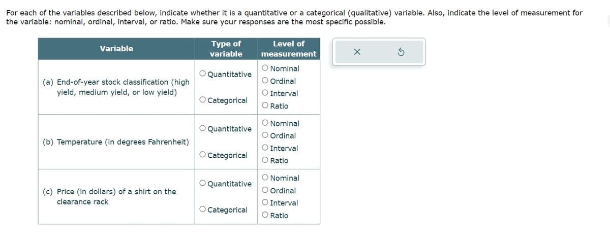 For each of the variables described below, indicate whether it is a quantitative or a categorical (qualitative) variable. Also, indicate the level of measurement for
the variable: nominal, ordinal, interval, or ratio. Make sure your responses are the most specific possible.
Variable
Level of
measurement
Type of
variable
Nominal
O Quantitative
(a) End-of-year stock classification (high
yield, medium yield, or low yield)
Ordinal
Interval
O Categorical
Ratio
O Quantitative
(b) Temperature (in degrees Fahrenheit)
O Categorical
O Quantitative
Nominal
Ordinal
○ Interval
00
00
Ratio
Nominal
Ordinal
(c) Price (in dollars) of a shirt on the
clearance rack
O Categorical
Interval
Ratio