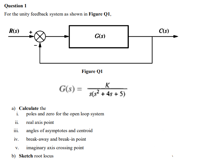 Question 1
For the unity feedback system as shown in Figure Q1,
R(s)
C(s)
G(s)
Figure Q1
G() = + 5)
K
s(s?
+ 4s + 5)
a) Calculate the
i. poles and zero for the open loop system
ii. real axis point
iii.
angles of asymptotes and centroid
iv.
break-away and break-in point
imaginary axis crossing point
V.
b) Sketch root locus
