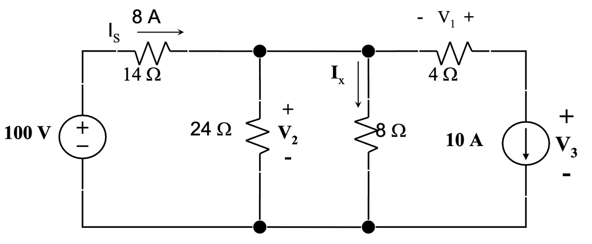 100 V
+ I
Is
8A
Μ
14 Ω
24 Ω
+
I
X
8 Ω
V, +
4Ω
10 Α
+
V.
3