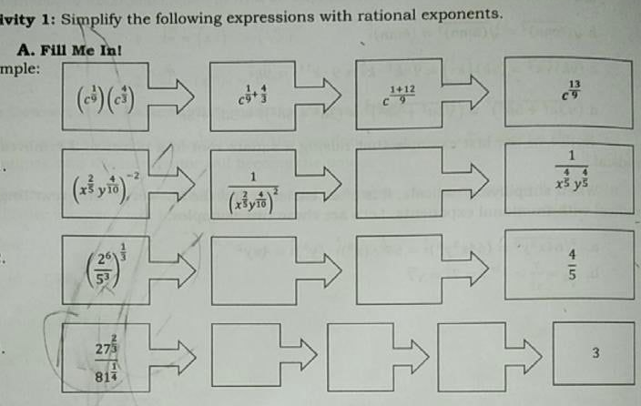 ivity 1: Simplify the following expressions with rational exponents.
A. Fill Me In!
mple:
13
()(4)
1+12
C 9
x3 y5
275
813
415
