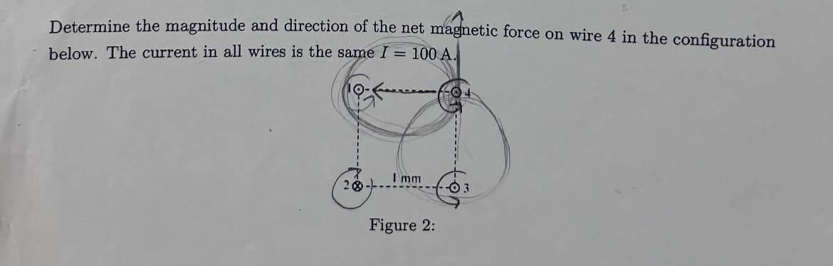 Determine the magnitude and direction of the net magnetic force on wire 4 in the configuration
below. The current in all wires is the same I = 100 A.
10-
Imm
28
-03
Figure 2: