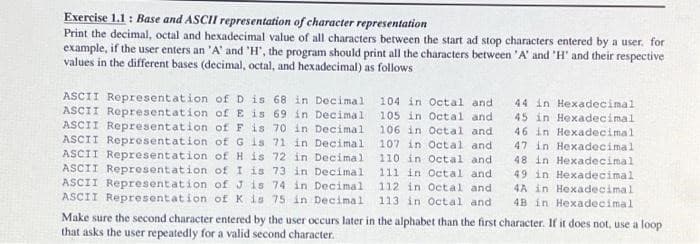 Exercise 1.1 : Base and ASCII representation of character representation
Print the decimal, octal and hexadecimal value of all characters between the start ad stop characters entered by a user. for
example, if the user enters an 'A' and 'H', the program should print all the characters between 'A' and 'H' and their respective
values in the different bases (decimal, octal, and hexadecimal) as follows
ASCII Representation ofD is 68 in Decimal 104 in Octal and
ASCII Representation of E is 69 in Decimal 105 in Octal and
ASCII Representation of F is 70 in Decimal
ASCII Representation of G is 71 in Decimal 107 in Octal and
ASCII Representation of H is 72 in Decimal 110 in Octal and
ASCII Representation of I is 73 in Decimal
ASCII Representation of J is 74 in Decimal 112 in Octal and
ASCII Representation of K is 75 in Decimal 113 in Octal and
44 in Hexadecimal
45 in Hexadecimal
106 in Octal and
46 in Hexadecimal
47 in Hexadecimal
48 in Hexadecimal
111 in Octal and
49 in Hexadecimal
4A in Hexadecimal
4B in Hexadecimal
Make sure the second character entered by the user occurs later in the alphabet than the first character. If it does not, use a loop
that asks the user repeatedly for a valid second character.
