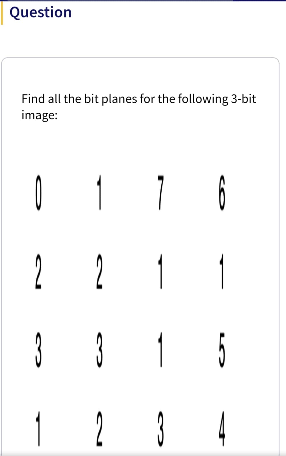 Question
Find all the bit planes for the following 3-bit
image:
9
2
2
1
4
CO
LO
