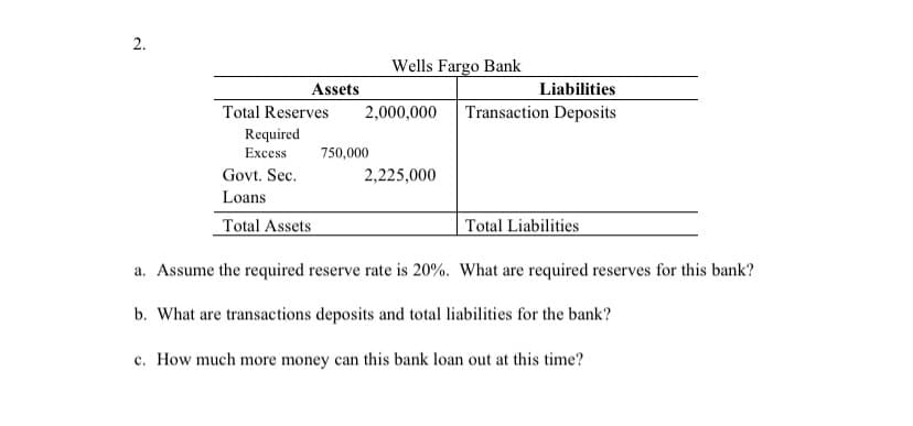 2.
Assets
Liabilities
Total Reserves
2,000,000
Transaction Deposits
Required
Excess
Govt. Sec.
2,225,000
Loans
Total Assets
Total Liabilities
a. Assume the required reserve rate is 20%. What are required reserves for this bank?
b. What are transactions deposits and total liabilities for the bank?
c. How much more money can this bank loan out at this time?
Wells Fargo Bank
750,000