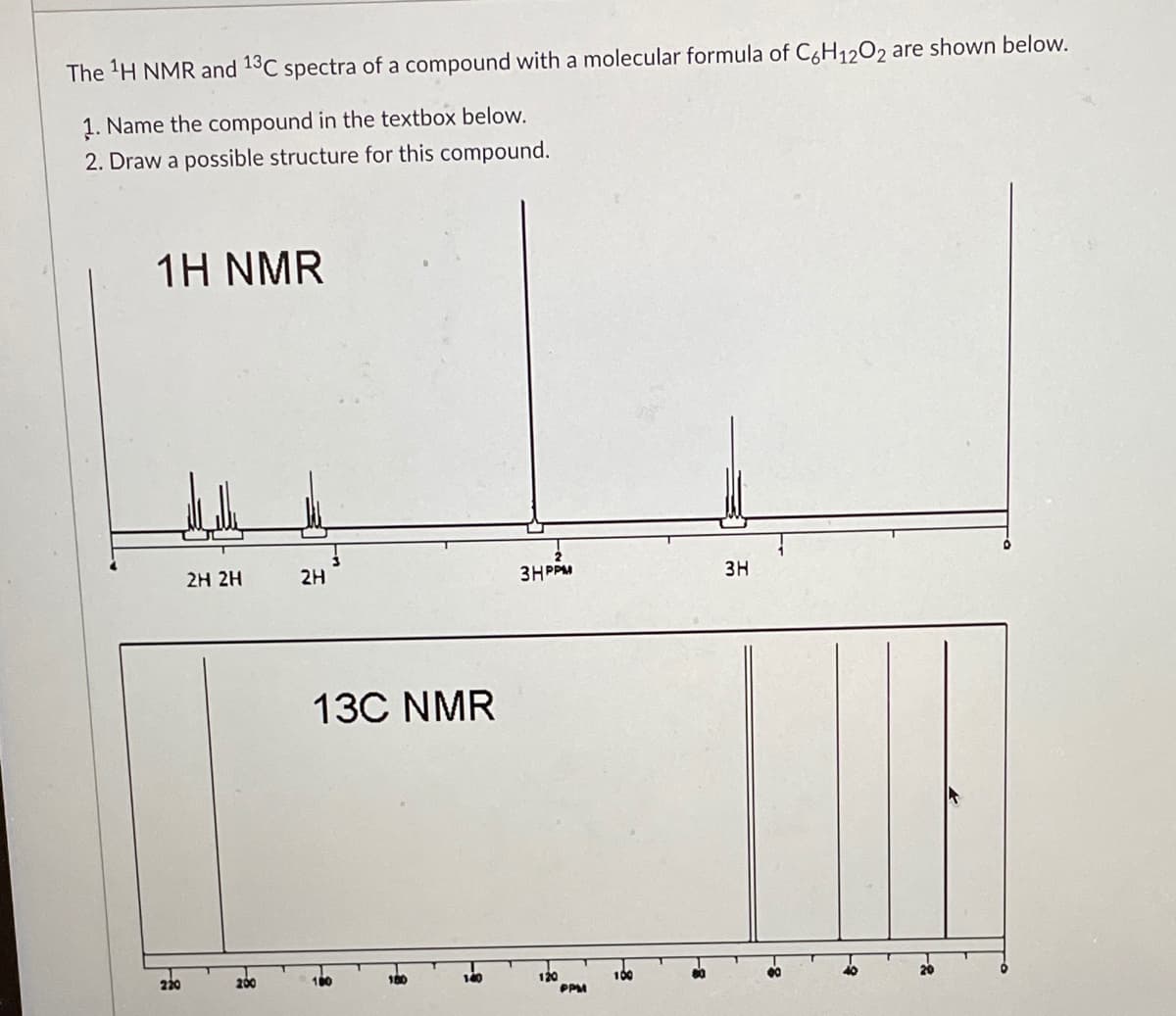 The 'H NMR and 13C spectra of a compound with a molecular formula of C&H12O2 are shown below.
1. Name the compound in the textbox below.
2. Draw a possible structure for this compound.
1Η NMR
2H 2H
2H
3H PPM
3H
13C NMR
220
200
100
180
140
120
PPM
100
20
