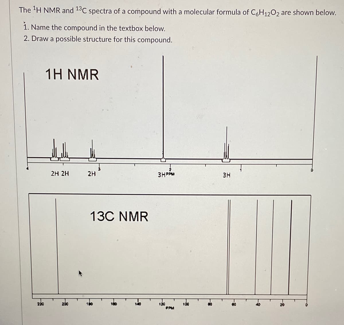 The 'H NMR and 13C spectra of a compound with a molecular formula of C6H12O2 are shown below.
1. Name the compound in the textbox below.
2. Draw a possible structure for this compound.
1Η NMR
2H 2H
2H
3HPPM
3H
13C NMR
220
200
100
140
100
120
PPM
