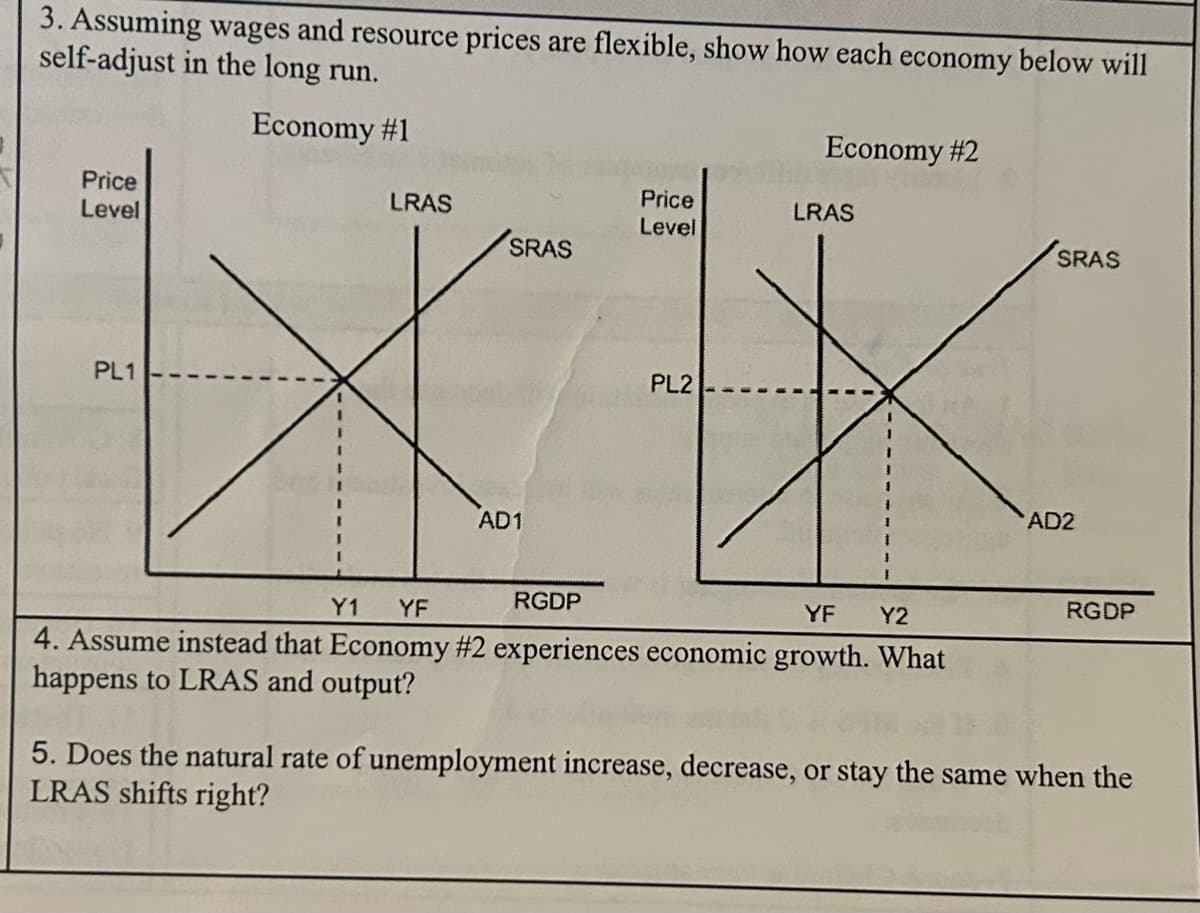 3. Assuming wages and resource prices are flexible, show how each economy below will
self-adjust in the long run.
Economy #1
Price
Level
PL1
LRAS
SRAS
AD1
Price
Level
PL2
Economy #2
LRAS
Y1 YF
RGDP
YF Y2
4. Assume instead that Economy #2 experiences economic growth. What
happens to LRAS and output?
SRAS
AD2
RGDP
5. Does the natural rate of unemployment increase, decrease, or stay the same when the
LRAS shifts right?