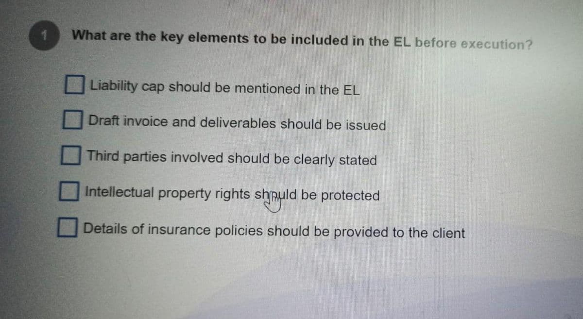What are the key elements to be included in the EL before execution?
Liability cap should be mentioned in the EL
Draft invoice and deliverables should be issued
Third parties involved should be clearly stated
Intellectual property rights should be protected
Details of insurance policies should be provided to the client