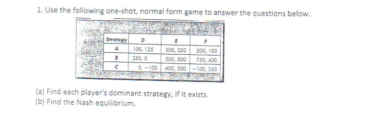 1. Use the following one-shot, normal form game to answer the questions below.
Strategy
A
100, 125
300, 250
200, 100
250, 0
500, 500
750, 400
400, 300 -100, 350
0, -100
(a) Find each player's dominant strategy, if it exists.
(b) Find the Nash equilibrium.
