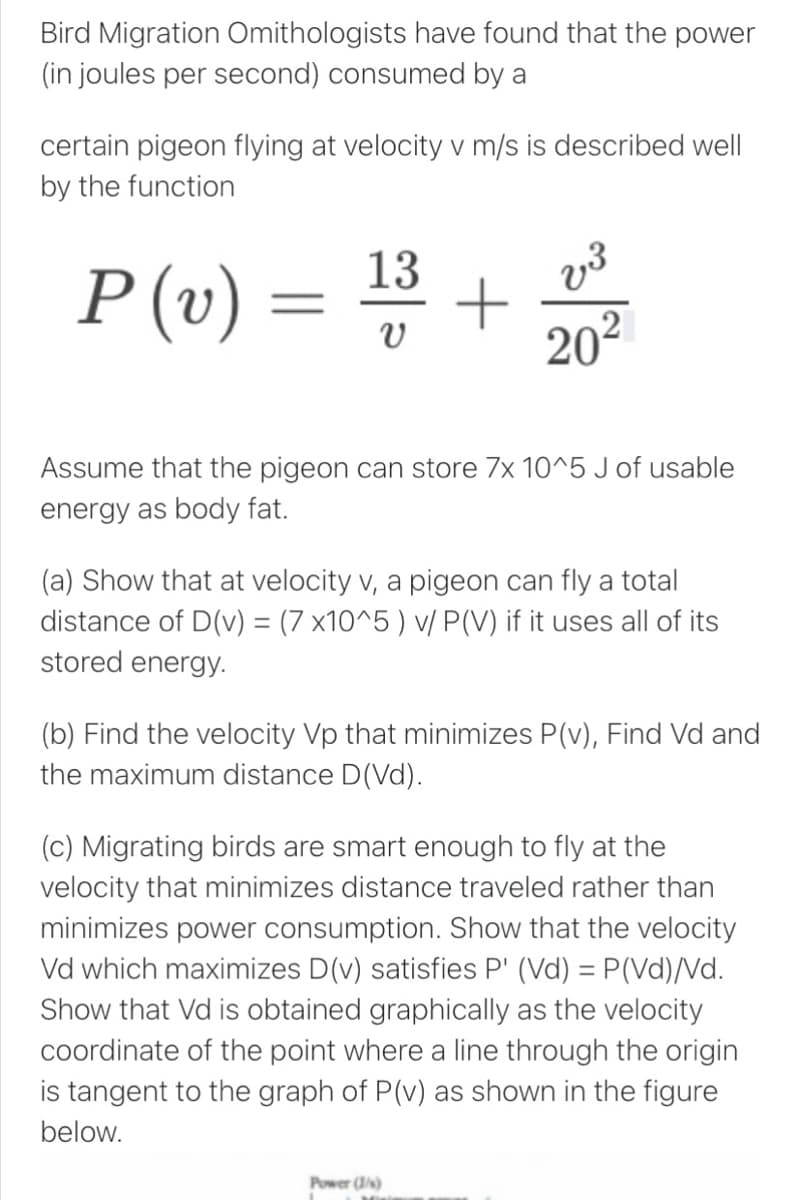 Bird Migration Omithologists have found that the power
(in joules per second) consumed by a
certain pigeon flying at velocity v m/s is described well
by the function
13
P(v) =
202
Assume that the pigeon can store 7x 10^5 J of usable
energy as body fat.
(a) Show that at velocity v, a pigeon can fly a total
distance of D(v) = (7 x10^5 ) v/ P(V) if it uses all of its
stored energy.
(b) Find the velocity Vp that minimizes P(v), Find Vd and
the maximum distance D(Vd).
(c) Migrating birds are smart enough to fly at the
velocity that minimizes distance traveled rather than
minimizes power consumption. Show that the velocity
Vd which maximizes D(v) satisfies P' (Vd) = P(Vd)/Vd.
Show that Vd is obtained graphically as the velocity
coordinate of the point where a line through the origin
is tangent to the graph of P(v) as shown in the figure
below.
Power ()
