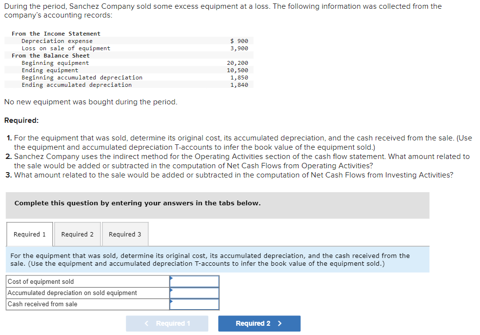 During the period, Sanchez Company sold some excess equipment at a loss. The following information was collected from the
company's accounting records:
From the Income Statement
Depreciation expense
Loss on sale of equipment
From the Balance Sheet
Beginning equipment
Ending equipment
Beginning accumulated depreciation
Ending accumulated depreciation
No new equipment was bought during the period.
Required:
1. For the equipment that was sold, determine its original cost, its accumulated depreciation, and the cash received from the sale. (Use
the equipment and accumulated depreciation T-accounts to infer the book value of the equipment sold.)
2. Sanchez Company uses the indirect method for the Operating Activities section of the cash flow statement. What amount related to
the sale would be added or subtracted in the computation of Net Cash Flows from Operating Activities?
3. What amount related to the sale would be added or subtracted in the computation of Net Cash Flows from Investing Activities?
Required 1
Complete this question by entering your answers in the tabs below.
Required 2 Required 3
$ 900
3,900
20, 200
10,500
1,850
1,840
Cost of equipment sold
Accumulated depreciation on sold equipment
Cash received from sale
For the equipment that was sold, determine its original cost, its accumulated depreciation, and the cash received from the
sale. (Use the equipment and accumulated depreciation T-accounts to infer the book value of the equipment sold.)
< Required 1
Required 2 >