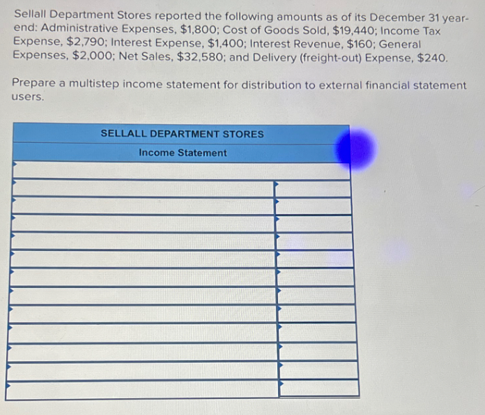 Sellall Department Stores reported the following amounts as of its December 31 year-
end: Administrative Expenses, $1,800; Cost of Goods Sold, $19,440; Income Tax
Expense, $2,790; Interest Expense, $1,400; Interest Revenue, $160; General
Expenses, $2,000; Net Sales, $32,580; and Delivery (freight-out) Expense, $240.
Prepare a multistep income statement for distribution to external financial statement
users.
SELLALL DEPARTMENT STORES
Income Statement