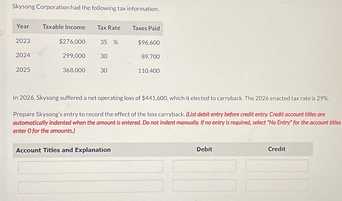 Skysong Corporation had the following tax information.
Year
Taxable Income Tax Rate
Taxes Paid
2023
$276,000
35 %
$96,600
2024
299,000
30
89,700
2025
368,000
30
110,400
In 2026, Skysong suffered a net operating loss of $441,600, which it elected to carryback. The 2026 enacted tax rate is 29%.
Prepare Skysong's entry to record the effect of the loss carryback. (List debit entry before credit entry. Credit account titles are
automatically indented when the amount is entered. Do not indent manually. If no entry is required, select "No Entry" for the account titles
enter O for the amounts.)
Account Titles and Explanation
Debit
Credit