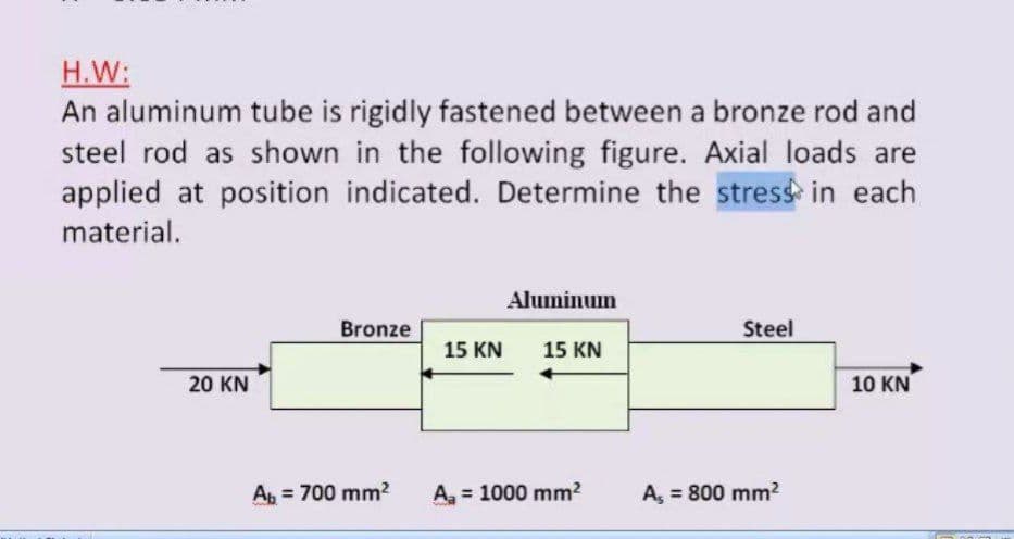H.W:
An aluminum tube is rigidly fastened between a bronze rod and
steel rod as shown in the following figure. Axial loads are
applied at position indicated. Determine the stress in each
material.
Aluminum
Bronze
Steel
15 KN
15 KN
20 KN
10 KN
Ap = 700 mm2
A = 1000 mm?
A, = 800 mm?
