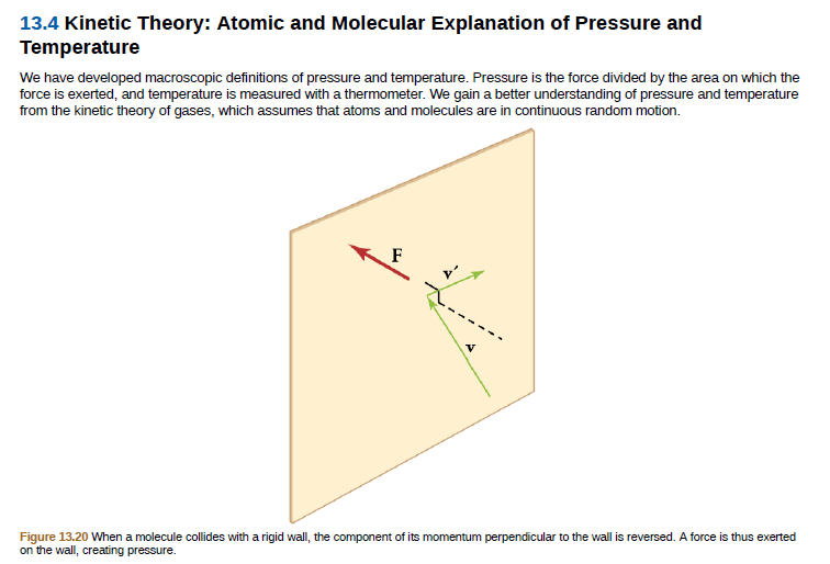 13.4 Kinetic Theory: Atomic and Molecular Explanation of Pressure and
Temperature
We have developed macroscopic definitions of pressure and temperature. Pressure is the force divided by the area on which the
force is exerted, and temperature is measured with a thermometer. We gain a better understanding of pressure and temperature
from the kinetic theory of gases, which assumes that atoms and molecules are in continuous random motion.
Figure 13.20 When a molecule collides with a rigid wall, the component of its momentum perpendicular to the wall is reversed. A force is thus exerted
on the wall, creating pressure.
