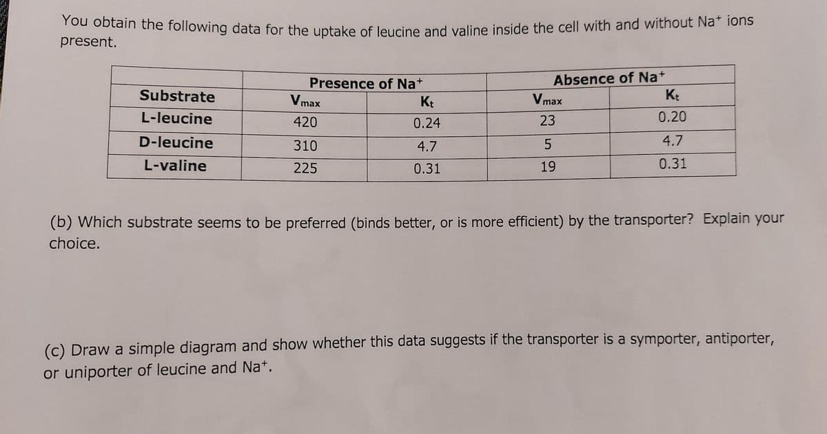 Tou obtain the following data for the uptake of leucine and valine inside the cell with and without Na' Tons
present.
Presence of Na+
Absence of Na+
Substrate
V max
Kt
Vmax
L-leucine
420
0.24
23
0.20
D-leucine
310
4.7
5
4.7
L-valine
225
0.31
19
0.31
(b) Which substrate seems to be preferred (binds better, or is more efficient) by the transporter? Explain your
choice.
(c) Draw a simple diagram and show whether this data suggests if the transporter is a symporter, antiporter,
or uniporter of leucine and Na*.
