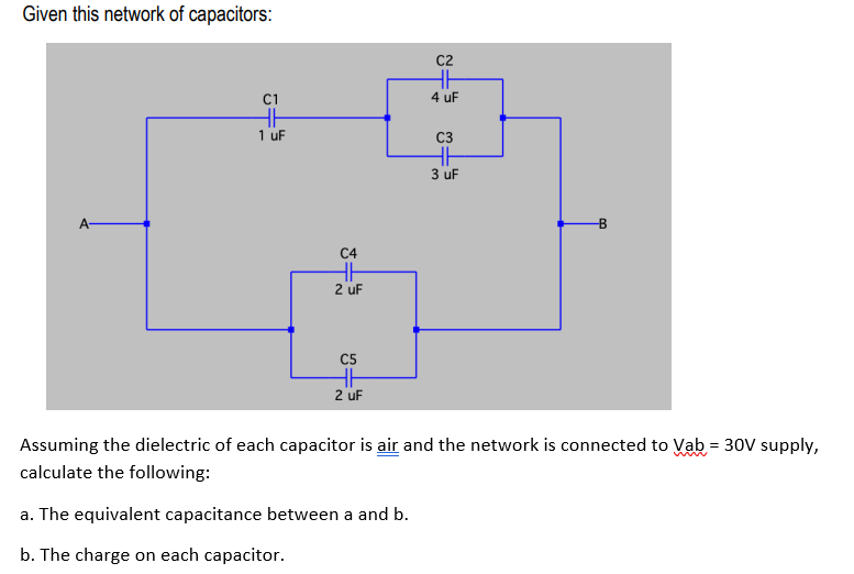 Given this network of capacitors:
C2
C1
4 uF
1 uF
C3
3 uF
A-
C4
2 uF
C5
2 uF
Assuming the dielectric of each capacitor is air and the network is connected to Vab = 30V supply,
calculate the following:
a. The equivalent capacitance between a and b.
b. The charge on each capacitor.
