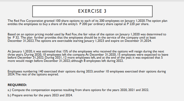 EXERCISE 3
The Red Fox Corporation granted 100 share options to each of its 200 employees on January 1,2020. The option plan
entitles the employees to buy a share of the entity's P 200 par ordinary share capital at P 226 per share.
Based on an option pricing model used by Red Fox, the fair value of the option on January 1,2020 was determined to
be P32. The plan further provides that the employees should be in the service of the company until at least
December 31,2022. The options are exercisable starting January 1,2023 and expire on December 31,2024.
At January 1,2020, it was estimated that 15% of the employees who received the options will resign during the next
three years. During 2020, 10 employees left the company. Át December 31,2020, 15 employees were expected to leave
before December 31,2022. During 2021, 12 more employees left, and at the end of the year, it was expected that 5
more would resign before December 31,2022; although é employees left during 2022.
Employees numbering 140 exercised their options during 2023; another 10 employees exercised their options during
2024. The rest of the options expired.
REQUIRED:
a.) Compute the compensation expense resulting from share options for the years 2020, 2021 and 2022.
b.) Prepare entries for the years 2023 and 2024.
