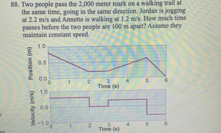 88. Two people pass the 2,000 meter mark on a walking trail at
the same time, going in the same direction. Jordan is jogging
at 2.2 m/s and Annette is walking at 1.2 m/s. How much time
passes before the two people are 100 m apart? Assume they
maintain constant speed.
1.0
0.5
0.0
1
4
Time (s)
1.0
0.0
-1.0
6
1.
3
Time (s)
5.
4.
2.
Velocity (m/s)
Position (m)
