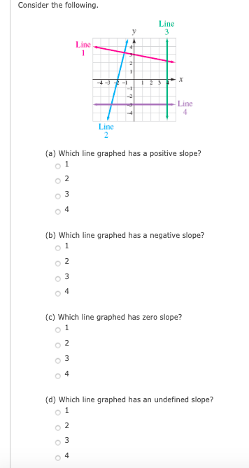 Consider the following.
Line
3
Line
1
4- -
Line
4
Line
2
(a) Which line graphed has a positive slope?
(b) Which line graphed has a negative slope?
o 4
(c) Which line graphed has zero slope?
2
o 4
(d) Which line graphed has an undefined slope?
4.
2.

