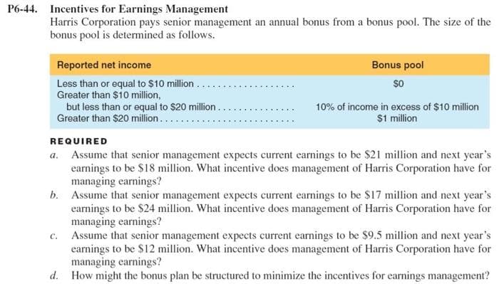 P6-44. Incentives for Earnings Management
Harris Corporation pays senior management an annual bonus from a bonus pool. The size of the
bonus pool is determined as follows.
Reported net income
Less than or equal to $10 million....
Greater than $10 million,
but less than or equal to $20 million..
Greater than $20 million....
.....
Bonus pool
$0
10% of income in excess of $10 million
$1 million
REQUIRED
a. Assume that senior management expects current earnings to be $21 million and next year's
earnings to be $18 million. What incentive does management of Harris Corporation have for
managing earnings?
C.
b. Assume that senior management expects current earnings to be $17 million and next year's
earnings to be $24 million. What incentive does management of Harris Corporation have for
managing earnings?
Assume that senior management expects current earnings to be $9.5 million and next year's
earnings to be $12 million. What incentive does management of Harris Corporation have for
managing earnings?
d. How might the bonus plan be structured to minimize the incentives for earnings management?