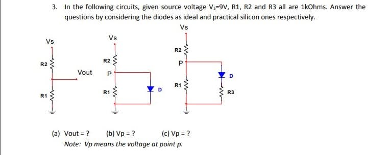 3. In the following circuits, given source voltage Vs=9V, R1, R2 and R3 all are 1kOhms. Answer the
questions by considering the diodes as ideal and practical silicon ones respectively.
Vs
Vs
Vs
R2
R2
R2
Vout
P
D
R1
R1
R3
R1
(a) Vout = ?
(b) Vp = ?
(c) Vp = ?
Note: Vp means the voltage at point p.
w
