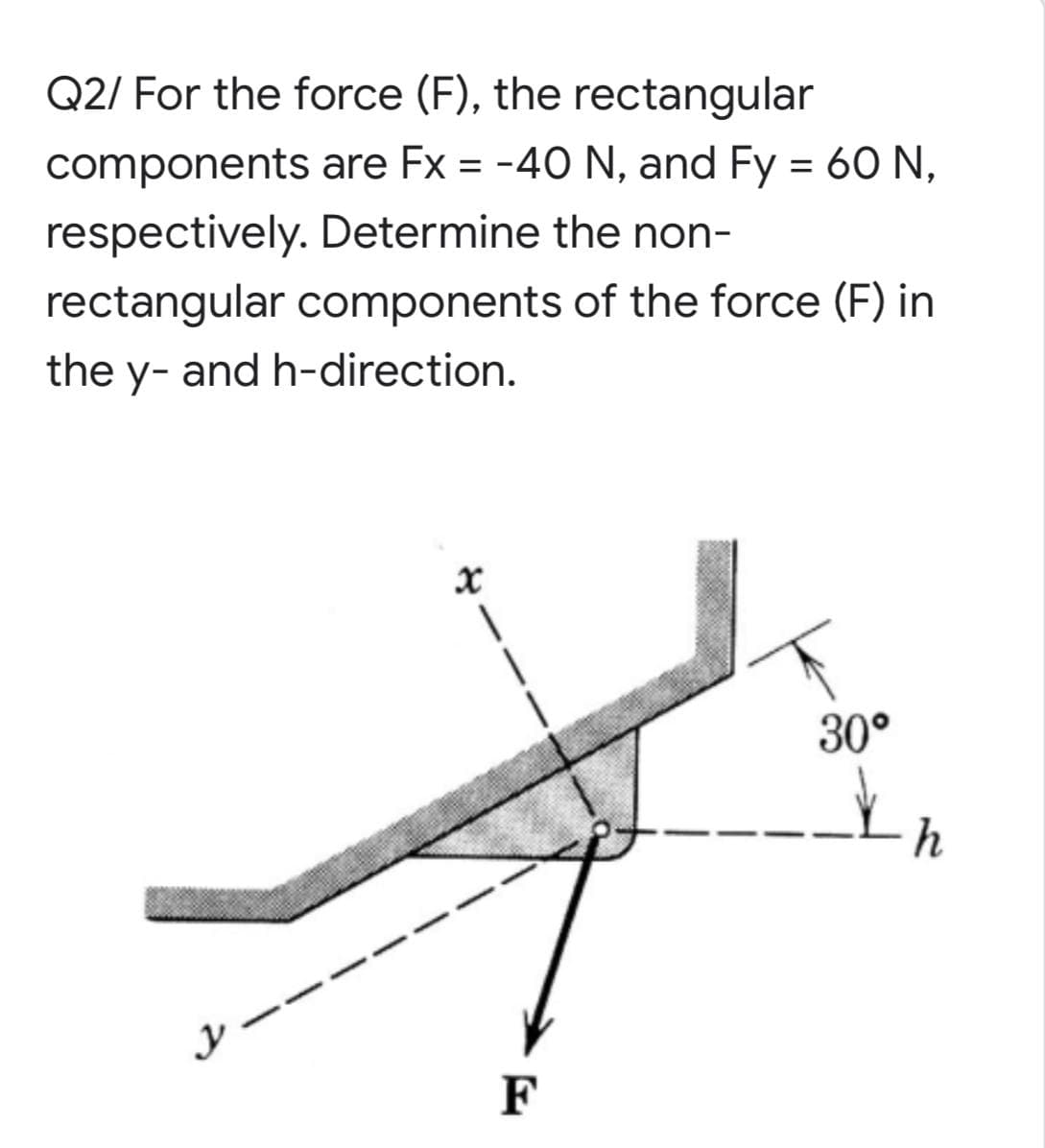 Q2/ For the force (F), the rectangular
components are Fx = -40 N, and Fy = 60 N,
%3D
respectively. Determine the non-
rectangular components of the force (F) in
the y- and h-direction.
30°
h
シー
F
