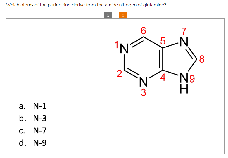 Which atoms of the purine ring derive from the amide nitrogen of glutamine?
a. N-1
b. N-3
C. N-7
d. N-9
n
J
1N
2
6
Z
3
5
4
7
N
ZI
*N9
8