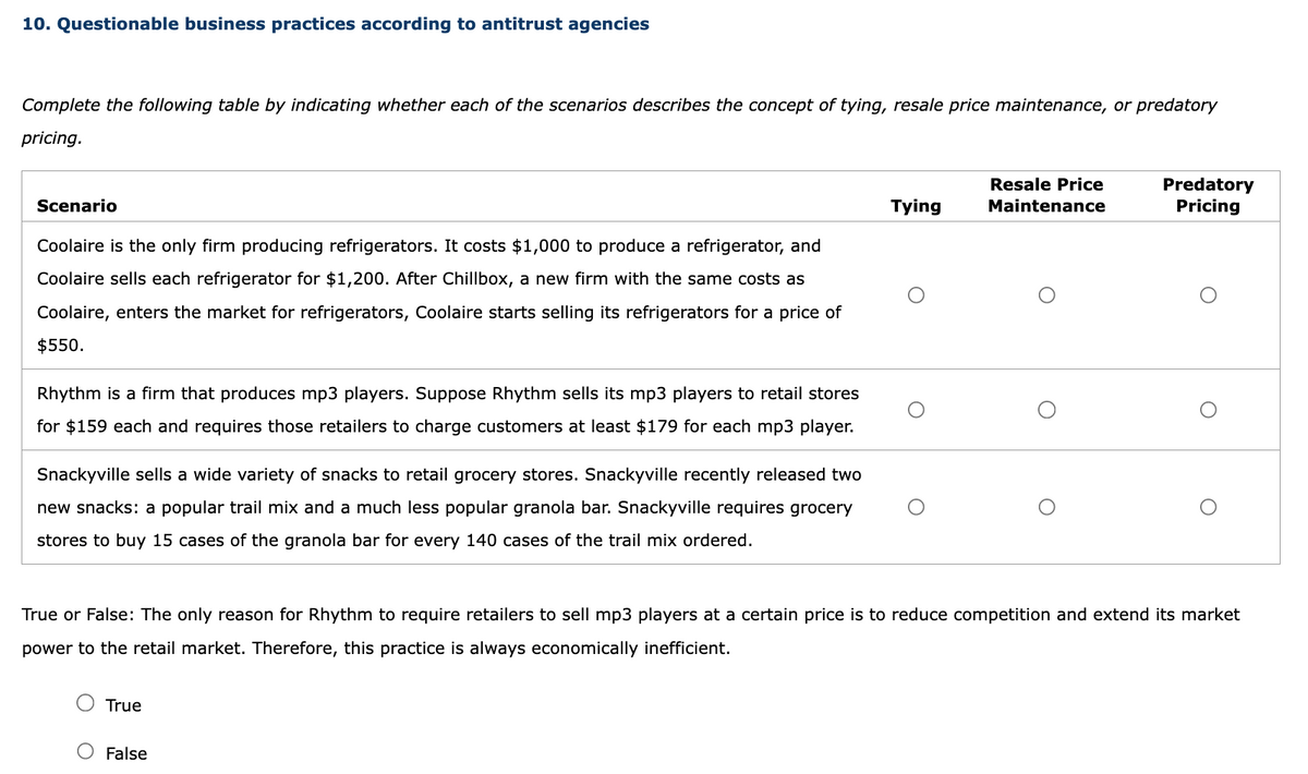 10. Questionable business practices according to antitrust agencies
Complete the following table by indicating whether each of the scenarios describes the concept of tying, resale price maintenance, or predatory
pricing.
Scenario
Coolaire is the only firm producing refrigerators. It costs $1,000 to produce a refrigerator, and
Coolaire sells each refrigerator for $1,200. After Chillbox, a new firm with the same costs as
Coolaire, enters the market for refrigerators, Coolaire starts selling its refrigerators for a price of
$550.
Rhythm is a firm that produces mp3 players. Suppose Rhythm sells its mp3 players to retail stores
for $159 each and requires those retailers to charge customers at least $179 for each mp3 player.
Snackyville sells a wide variety of snacks to retail grocery stores. Snackyville recently released two
new snacks: a popular trail mix and a much less popular granola bar. Snackyville requires grocery
stores to buy 15 cases of the granola bar for every 140 cases of the trail mix ordered.
True
Tying
False
Resale Price
Maintenance
True or False: The only reason for Rhythm to require retailers to sell mp3 players at a certain price is to reduce competition and extend its market
power to the retail market. Therefore, this practice is always economically inefficient.
Predatory
Pricing