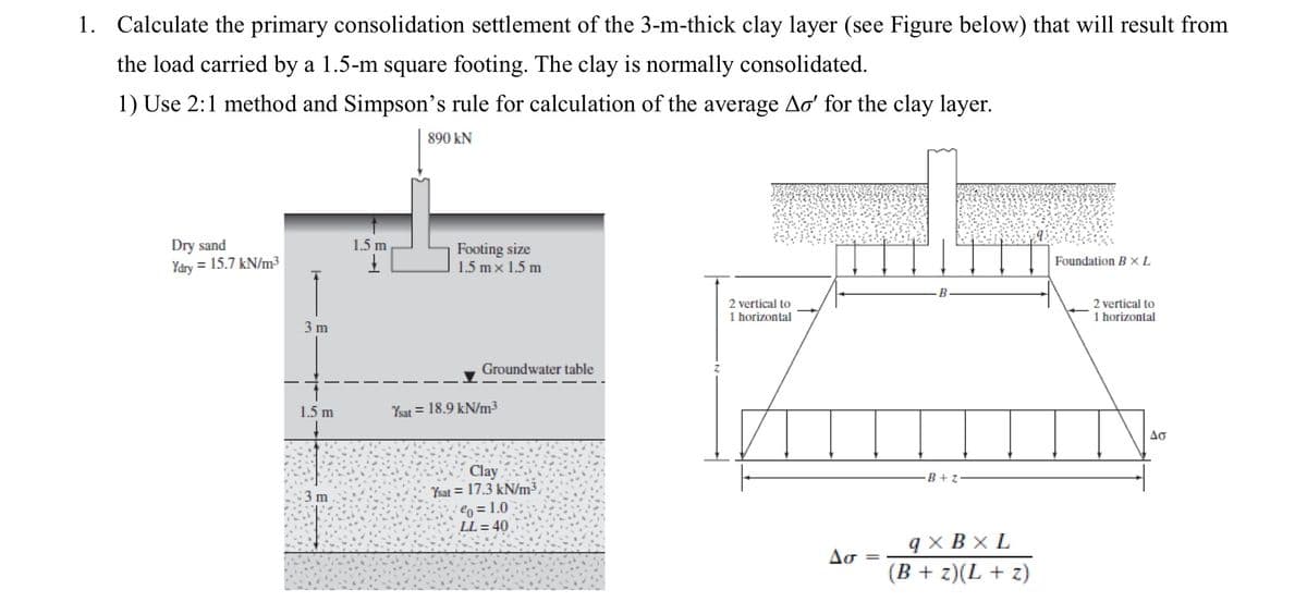 1. Calculate the primary consolidation settlement of the 3-m-thick clay layer (see Figure below) that will result from
the load carried by a 1.5-m square footing. The clay is normally consolidated.
1) Use 2:1 method and Simpson's rule for calculation of the average Ao' for the clay layer.
890 KN
Dry sand
Ydry = 15.7 kN/m³
3 m
1.5 m
:3 m
1.5 m
+
Footing size
1.5 mx 1.5 m
Groundwater table
Ysat = 18.9 kN/m³
Clay
Ysat = 17.3 kN/m³
% = 1.0
LL=40
2 vertical to
1 horizontal
Aσ
=
B
B+Z
qxBXL
(B+z)(L + z)
Foundation BXL
2 vertical to
1 horizontal
Aσ